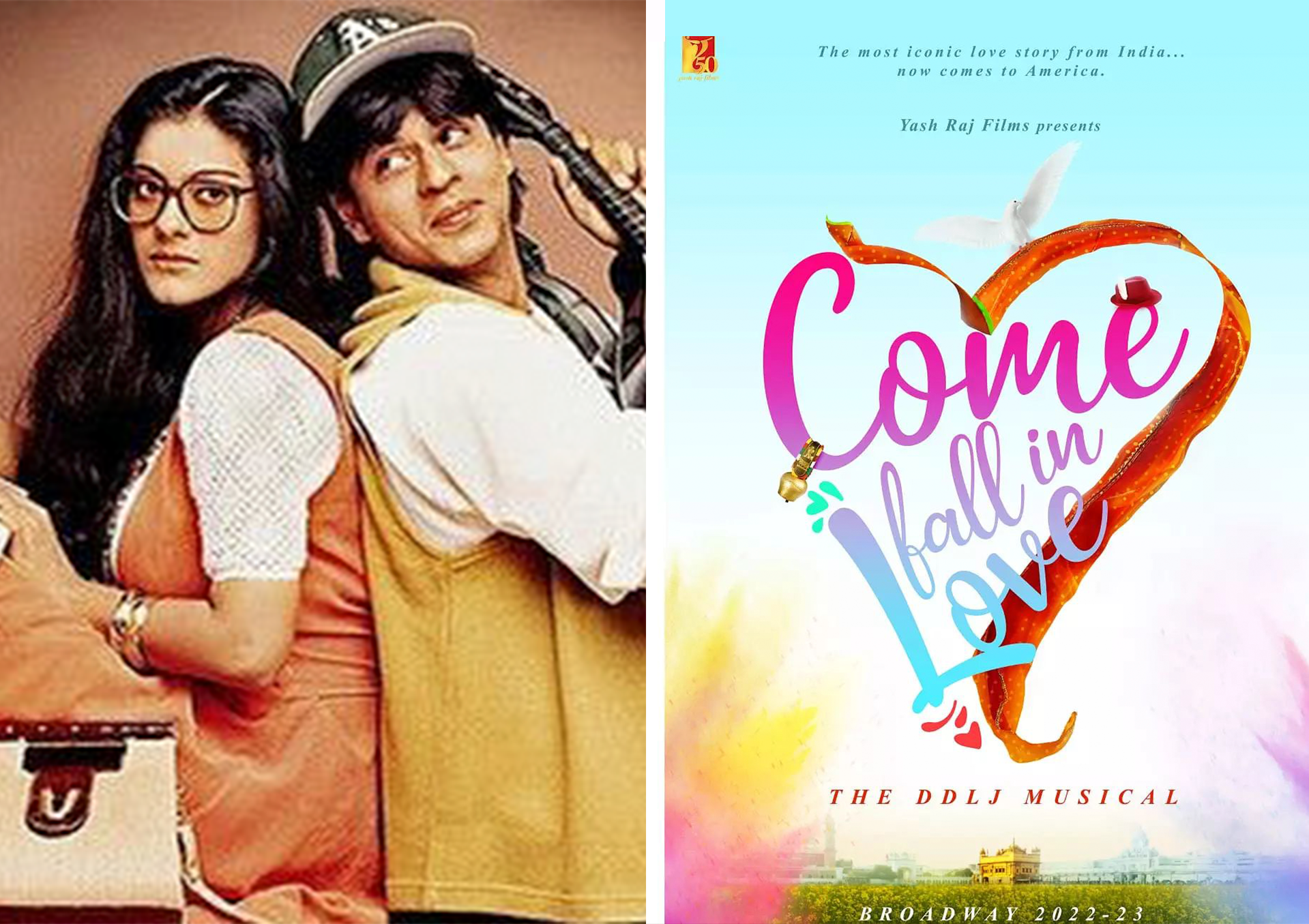 posters of the Indian film DDLJ and the Broadway musical adaptation of the same.