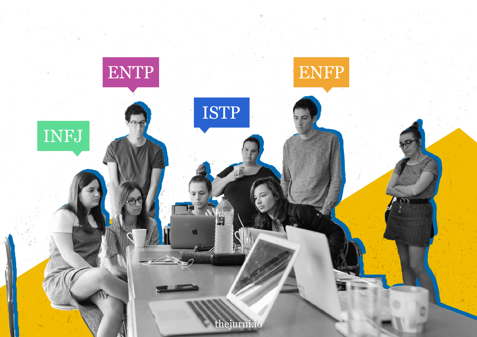 people working with Meyers-Briggs’ personality test types labelled above them