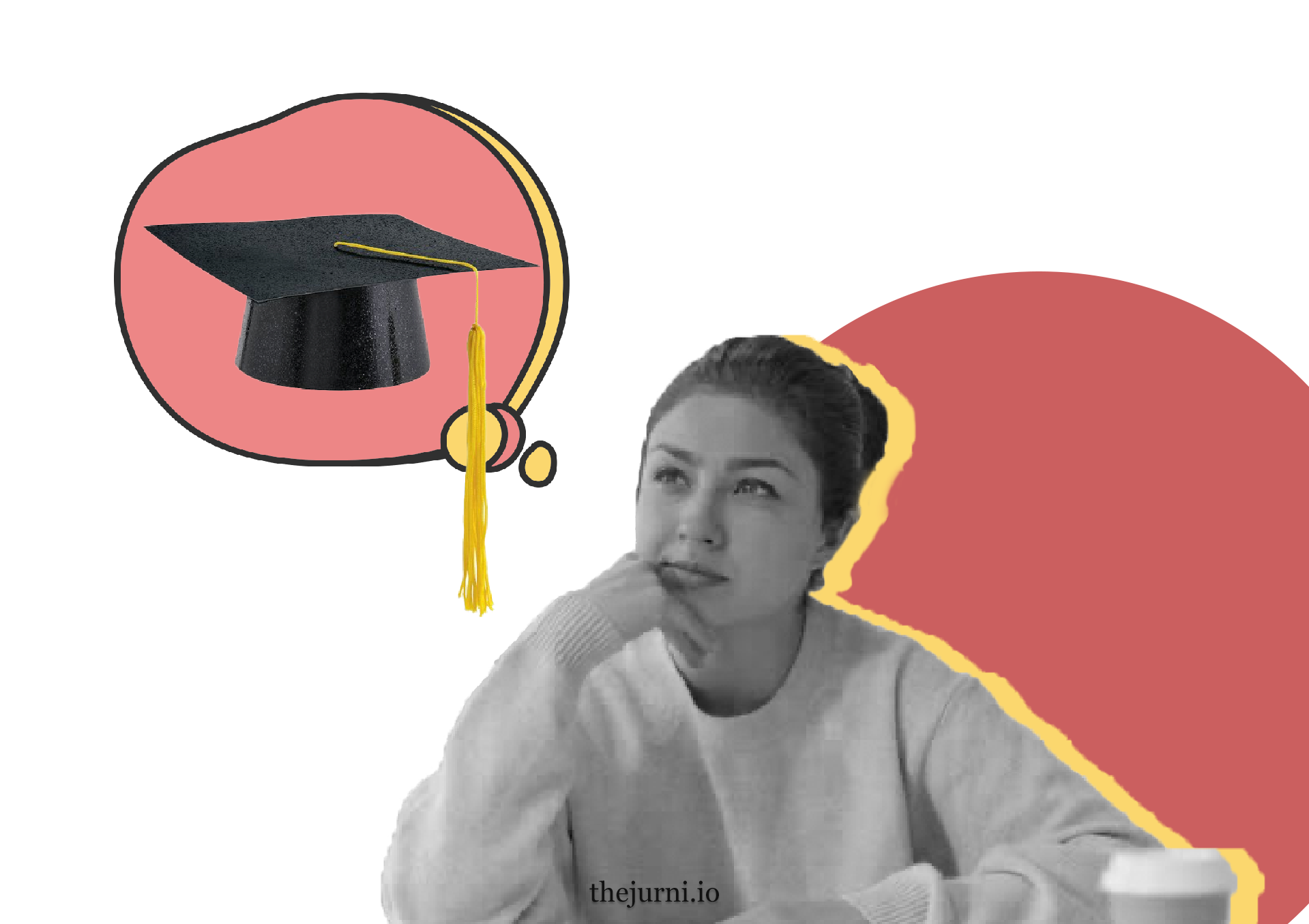 a woman with a thought bubble with a graduation hat