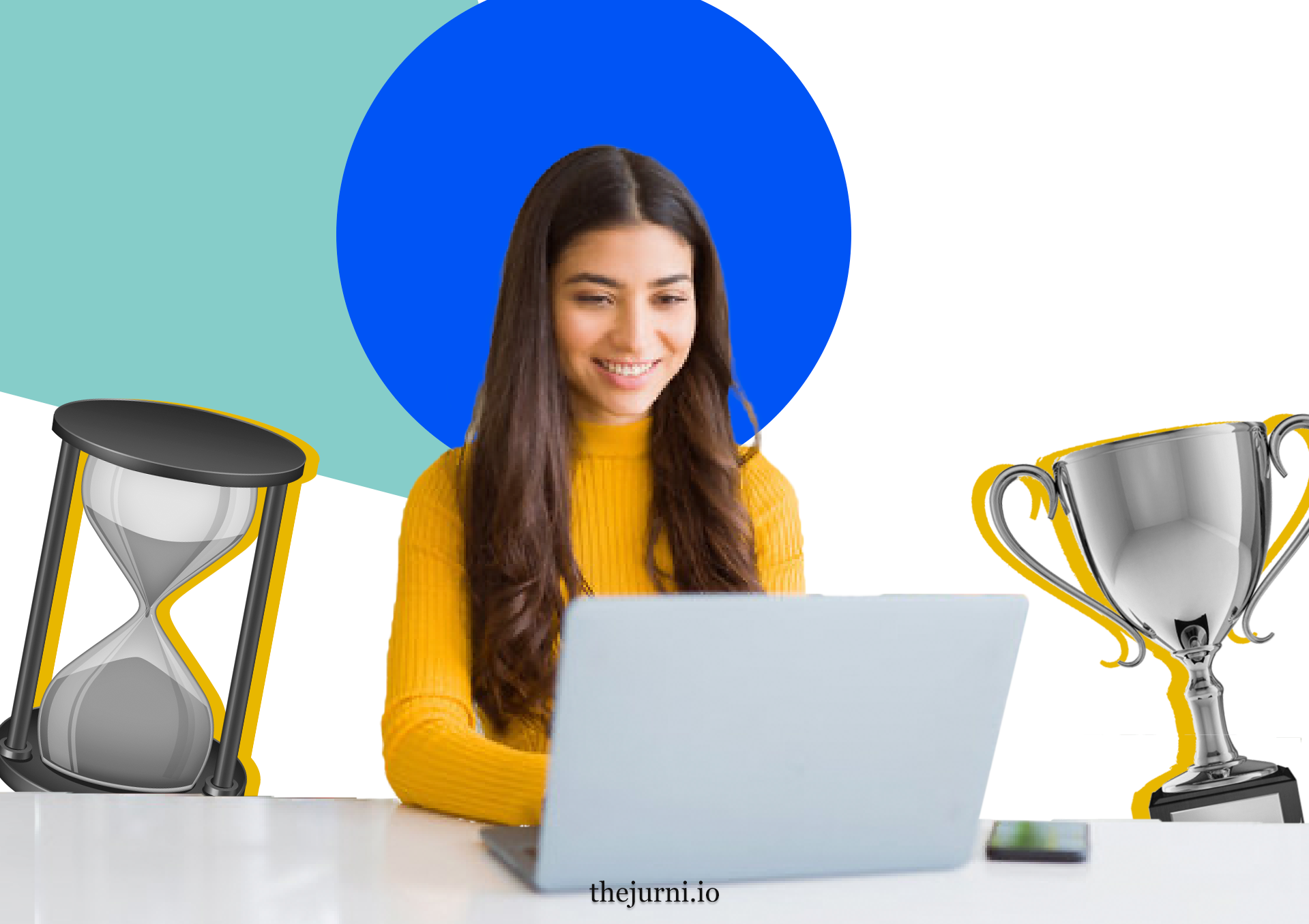 woman working next to sand clock and trophy