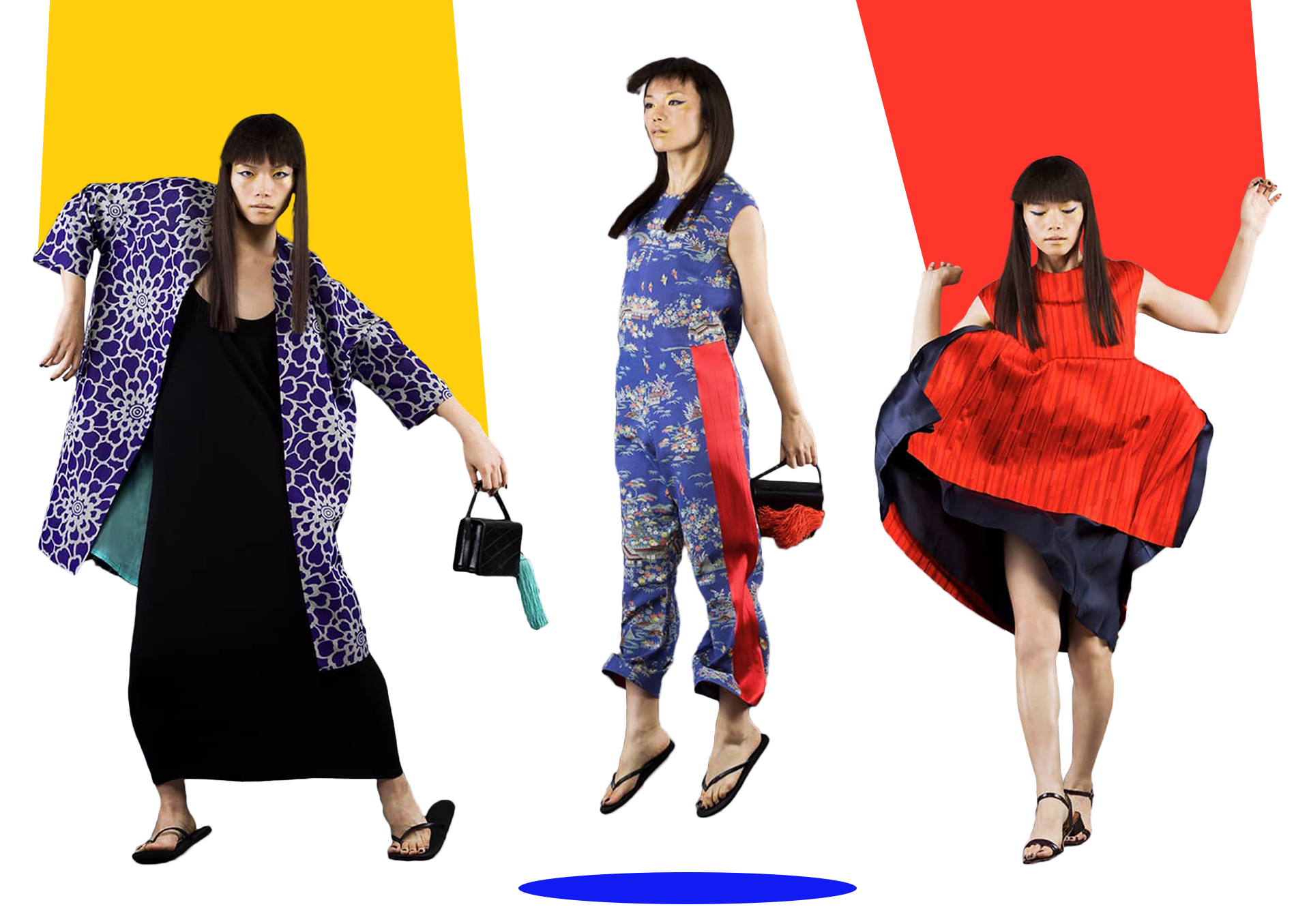 a collage of redesigned kimonos as modern outfits